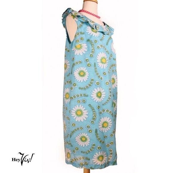 Vintage Sleeveless Daisy Print Dress w Ruffle Neckline Metal Zip Sz XL - Hey Viv - Picture 3 of 7